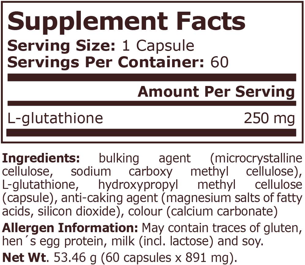 L-GLUTATHIONE - 250 mg - 60 capsules PureNutritionUSA.com L-GLUTATHIONE - 250 mg - 60 capsules PureNutritionUSA.com